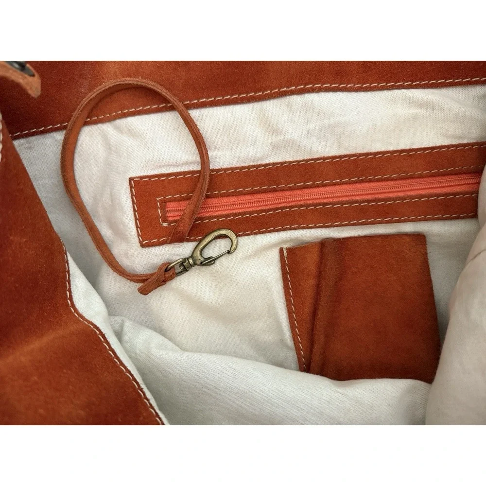 Leather Suede Brown Cognac Purse‎ Bag Boho Bohemian Stitching Key Strap Lining